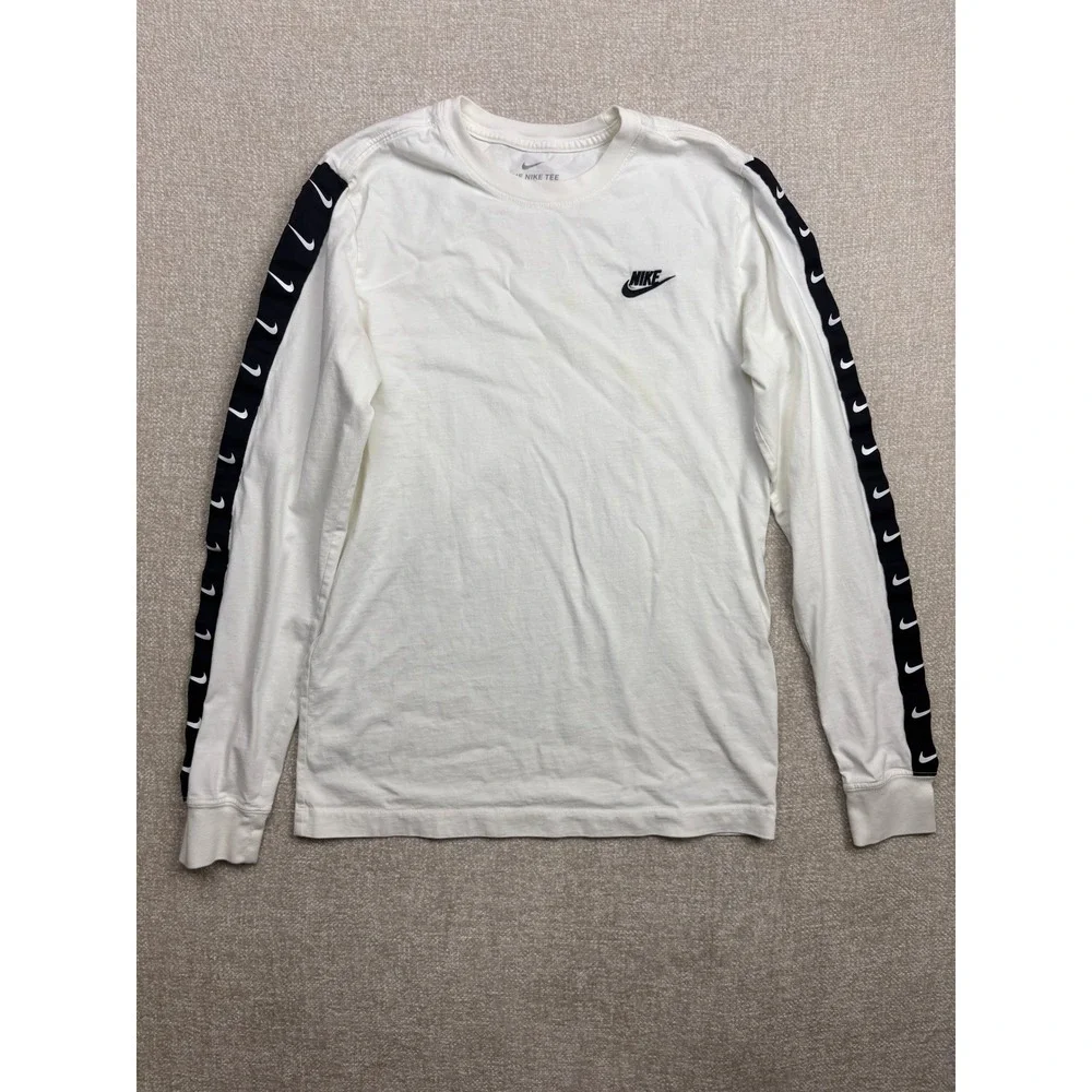Nike Mens Long Sleeve T-Shirt White Swoosh Logo Tape Arm Graphic Size Small